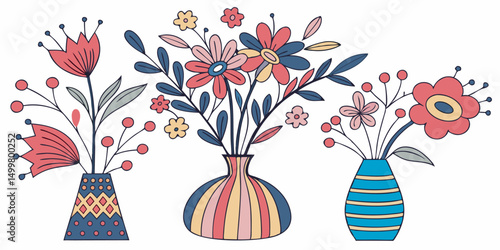 Colorful flower arrangements in vases illustration whimsical floral design bright botanical art