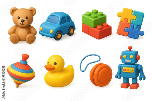 3d set of toy icons. simple style collection of play, fun, and game elements