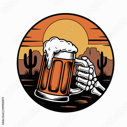 Skeleton Hand Holding Beer in Desert Sunset