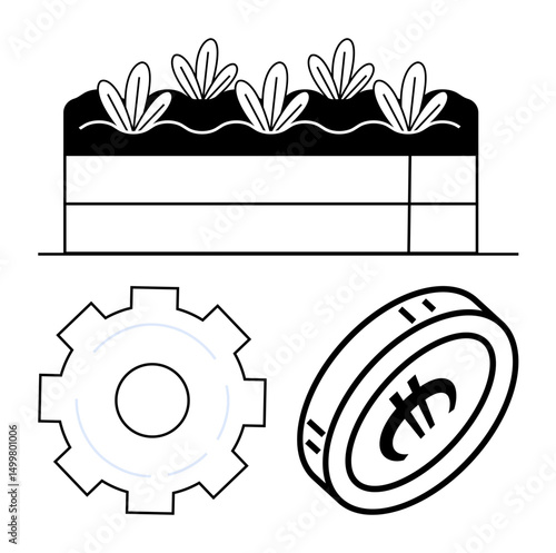 Plants growing in raised soil bed, cogwheel symbolizing industrial processes, circular object representing currency. Ideal for sustainability, innovation, finance, agriculture, growth, investment