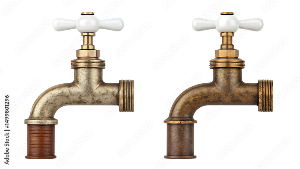 Two antique faucets with white handles and a metallic texture against a black background in a detailed illustration. Two antique faucets with white handles and a metallic texture against a black background in a detailed illustration.