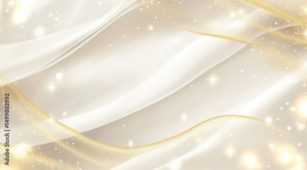 Elegant, flowing cream-colored background with golden ribbons and sparkles Elegant, flowing cream-colored background with golden ribbons and sparkles