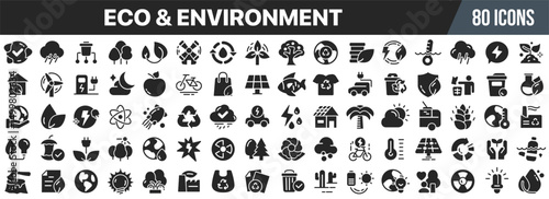 Eco and environment care black icons collection. Big UI icon set in a flat design. Vector illustration EPS10