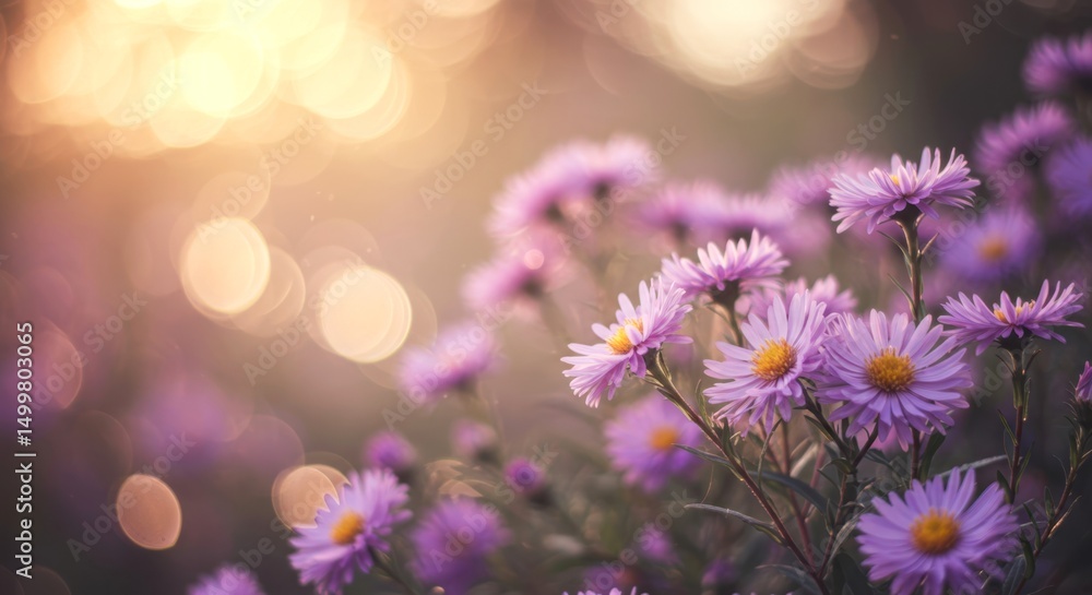 Fototapeta premium Close up of purple flower in full bloom showing petals and yellow center with soft bokeh light background. Natural meadow.