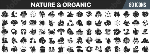 Nature and organic care black icons collection. Big UI icon set in a flat design. Vector illustration EPS10