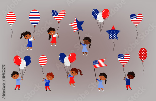  Icons set. American children, Balloons, flag national colors. independence day USA elements for 4th of July celebration.Vector cartoon illustration