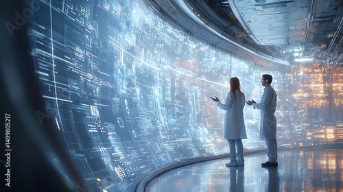 Two medical professionals in lab coats collaborate and discuss innovative AI solutions displayed on a large futuristic interactive screen showcasing complex data and medical