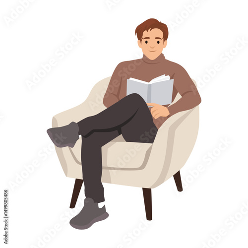 Man sits comfortably in a chair, deeply engaged in reading a book with calm and focused expression. Flat vector illustration isolated on white background