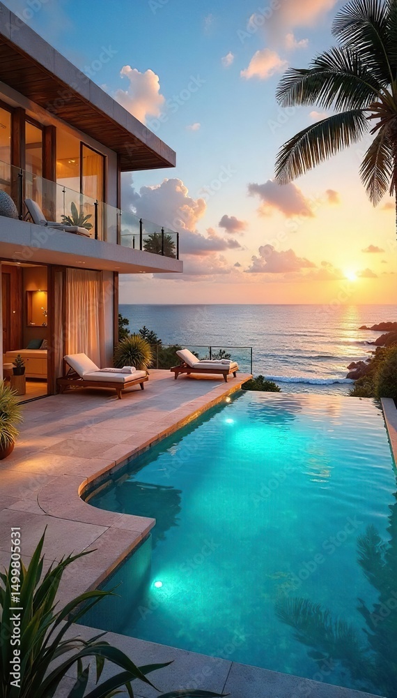 Obraz premium Luxury villa with private pool and stunning ocean views, perfect for a relaxing getaway Enjoy breathtaking sunsets and unwind in tranquil surroundings , terrace, patio, private