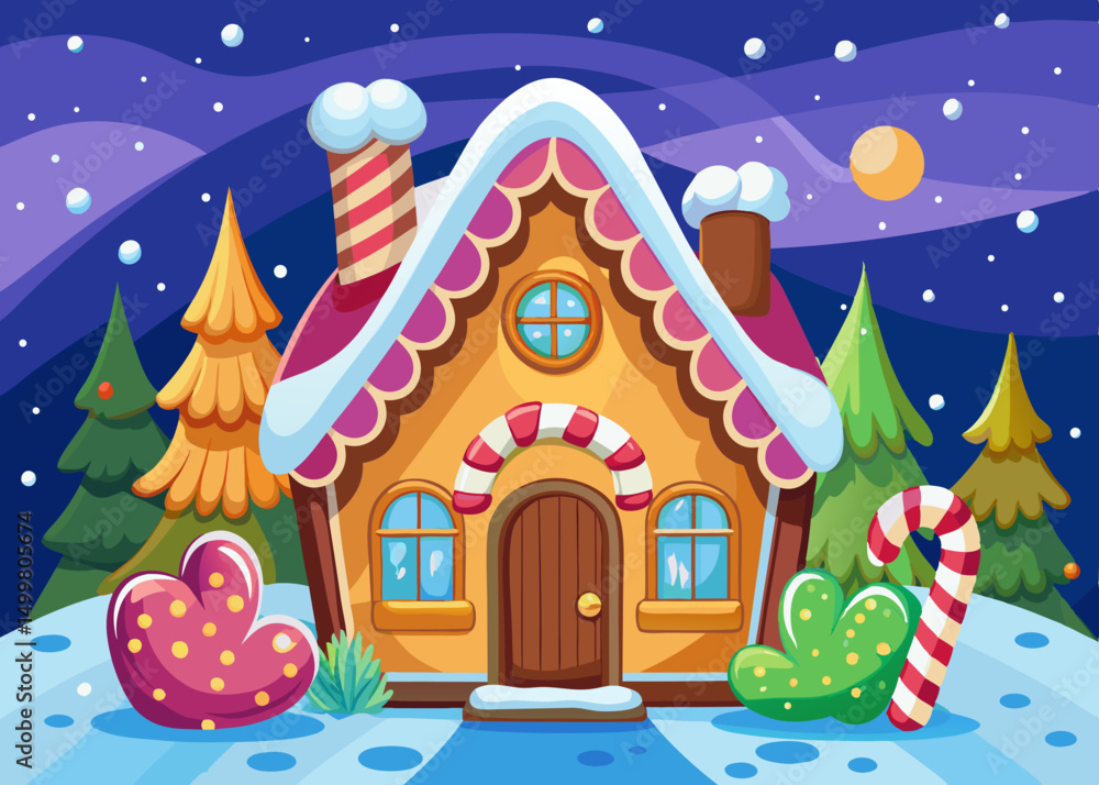 Obraz premium Charming Gingerbread House Winter Night Scene Cartoon Illustration
