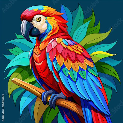Vibrant Scarlet Macaw Perched on Branch Tropical Leaves