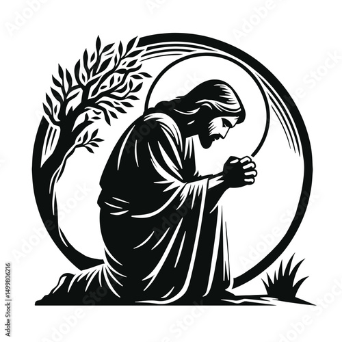 Jesus praying in Gethsemane, New Testament plot, black silhouette vector on transparent background