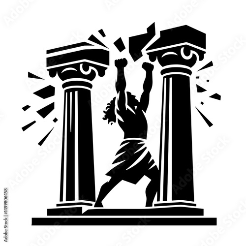 Samson breaking the pillars, Old Testament, black silhouette vector on transparent background