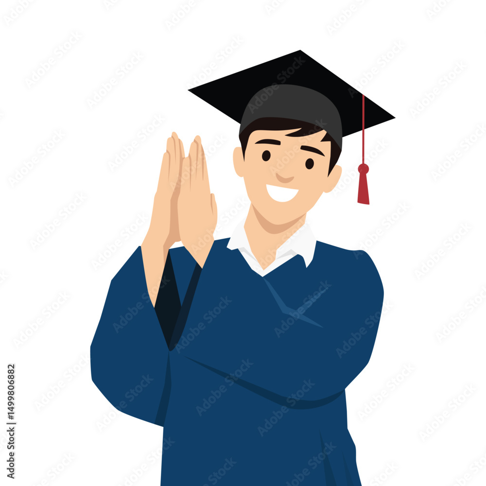 Young man in a graduation cap and gown celebrates his academic achievement with a cheerful gesture. Flat vector illustration isolated on white background Young man in a graduation cap and gown celebrates his academic achievement with a cheerful gesture. Flat vector illustration isolated on white background