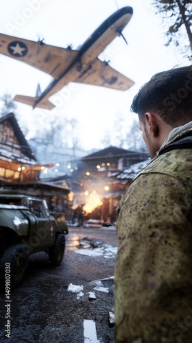 Soldier observes an aerial attack in a snowy village near military vehicles and explosions