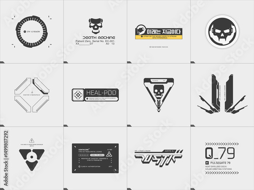 Sci fi graphic collection. futuristic decal, label, sign set.