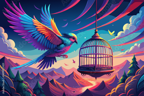 Vibrant Colorful Bird Soaring Above Mountains and Empty Cage