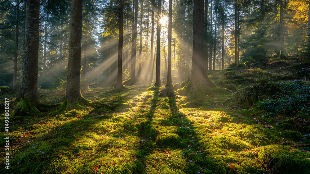 Fototapeta premium Ethereal Sunbeams Piercing Through Dense Forest Canopy Illuminating Moss-Covered Ground in Mystical Woodland Scene