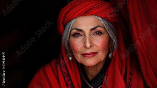 Portrait of an elderly woman in traditional red attire outdoors during golden hour