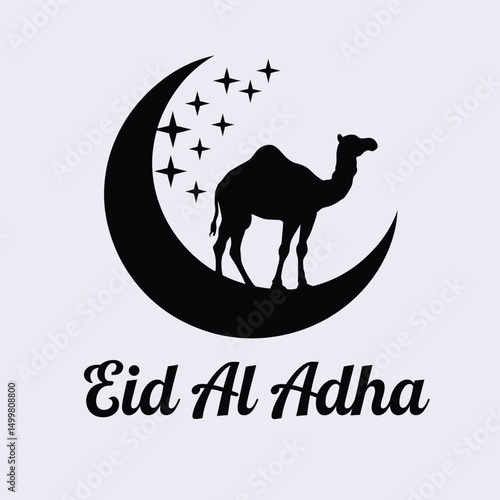 A striking illustration featuring a camel silhouette set against a crescent moon and stars celebrating Eid al-Adha. This design is perfect for greeting cards
