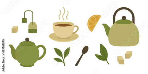 Vector flat design of tea elements including teapots, teacup, lemon slice, sugar cubes, tea bag, leaves, and spoon.