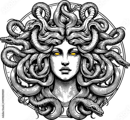 Angry medusa, medusa head vector, tattoo design serpent and medusa.
