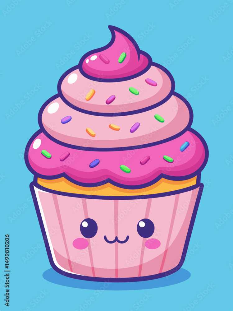 Cute Pink Cupcake with Sprinkles and Swirl Frosting Cartoon Illustration Cute Pink Cupcake with Sprinkles and Swirl Frosting Cartoon Illustration