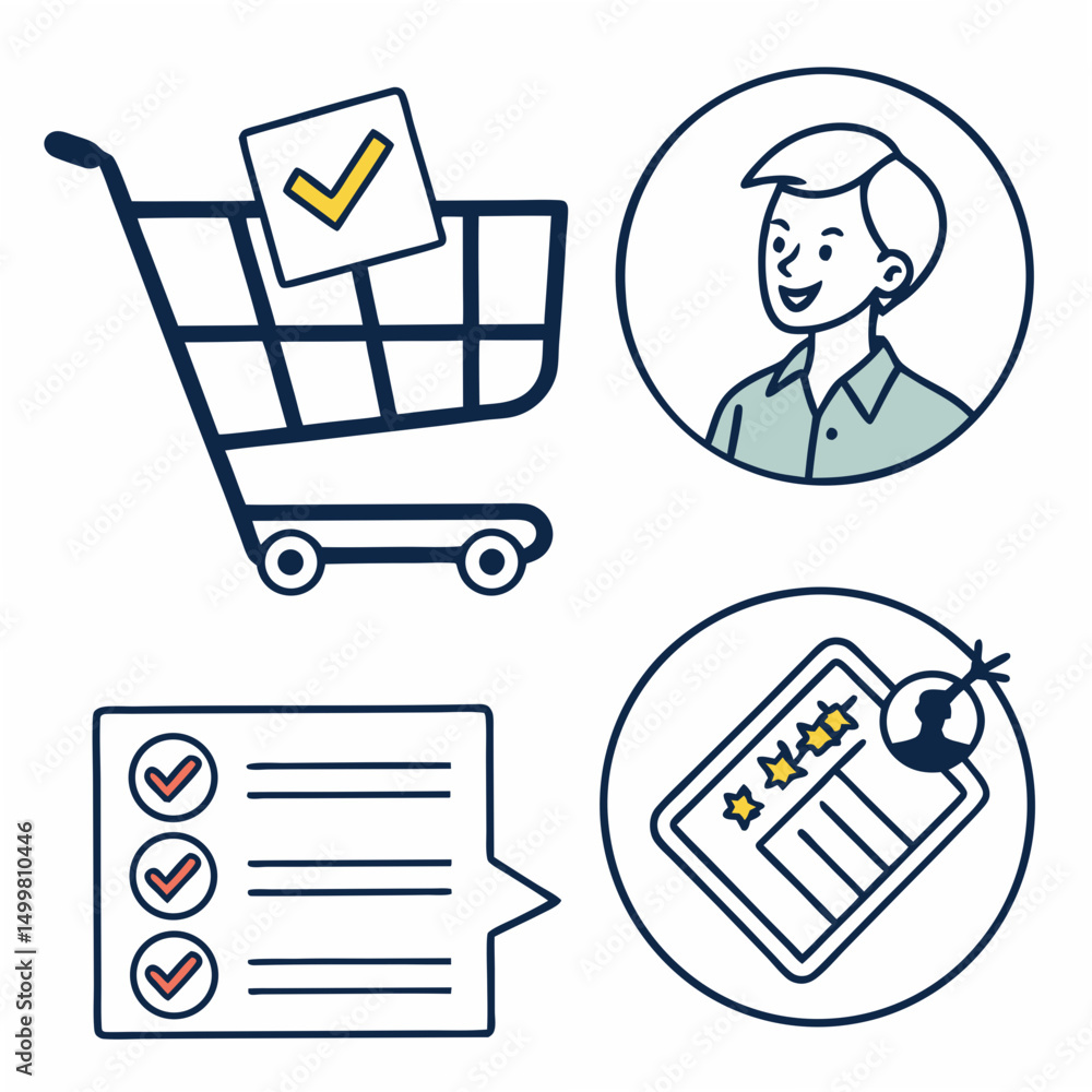 Professional shopping checklist customer review icons Professional shopping checklist customer review icons