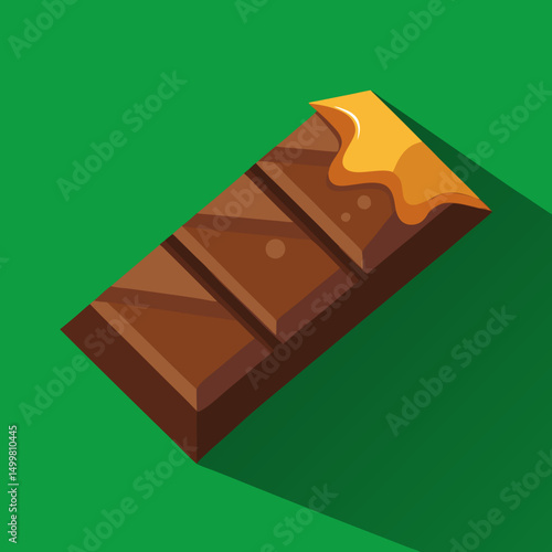 Delicious Chocolate Bar with Caramel Topping on Green Background