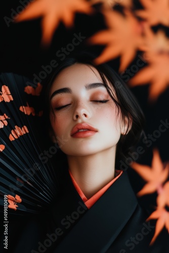 Captivating portrait of a woman in traditional attire surrounded by autumn leaves