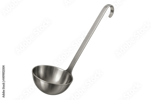 Stainless steel ladle on transparent background, serving utensil for soup