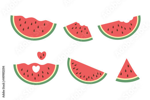 A set of icons of sliced ripe watermelon slices in a flat style. Vector colorful illustration isolated on a white background