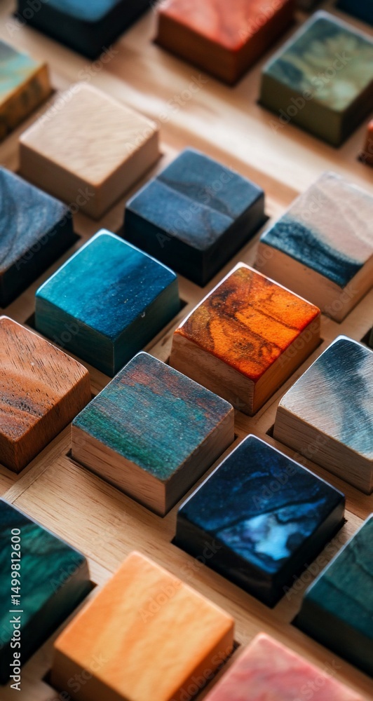 Colorful Resin Cubes on Wood Tray. Colorful Resin Cubes on Wood Tray.