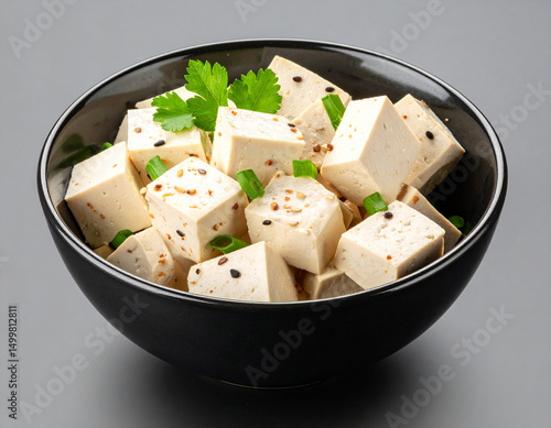 a bowl of isolated white tofu on a gray background