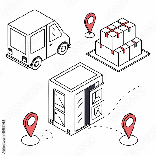 Isometric delivery truck packages location tracking