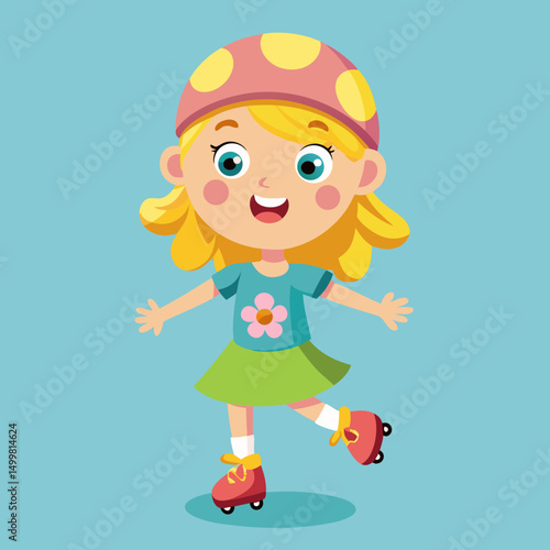 Happy Little Girl Roller Skating Wearing Mushroom Hat