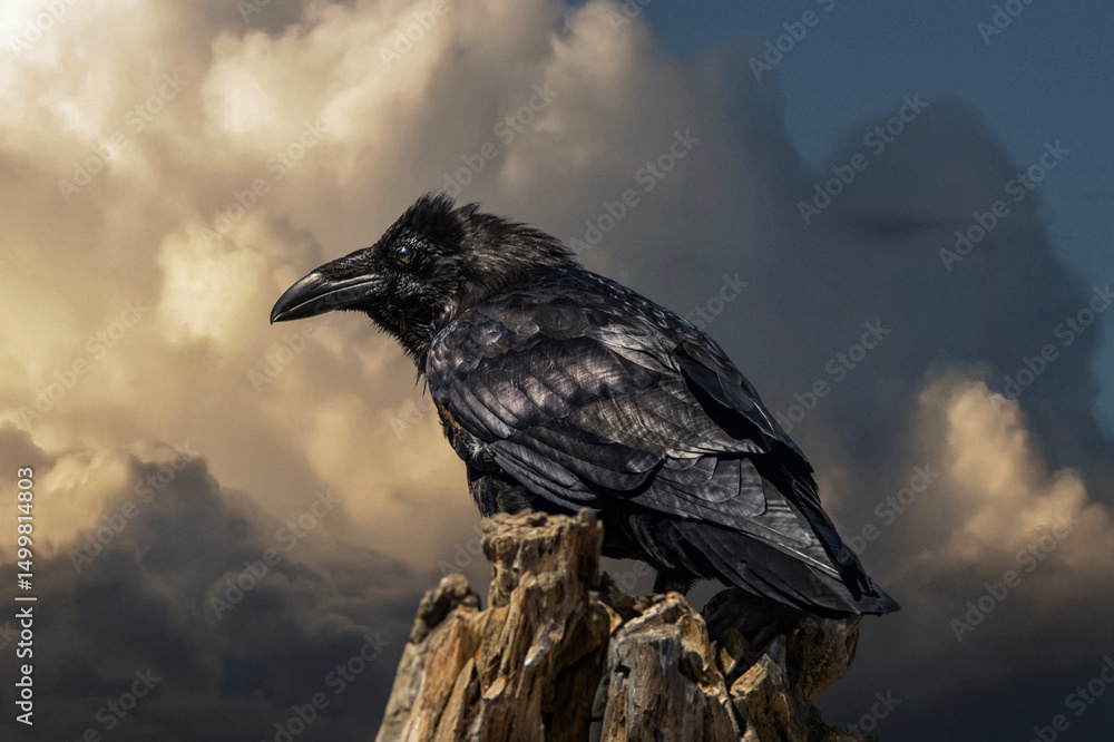 Fototapeta premium A striking raven perched or flying with a vast sky as the backdrop. This evocative image captures the bird’s dark silhouette and mysterious presence in nature.