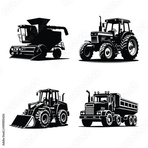 Agriculture vehicle bundle silhouette vector illustration isolated on white background