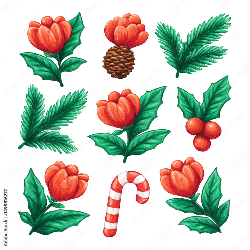 Obraz premium Festive botanical illustration featuring red flowers, pine cone, green leaves, holly berries, and candy cane, evoking cheerful holiday spirit