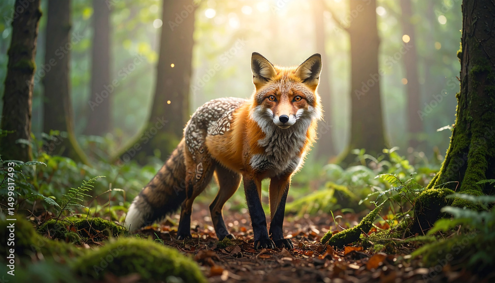 Naklejka premium A mystical fox with glowing eyes and ancient runes on its fur standing in an enchanted forest, soft magical mist, fantasy atmosphere, cinematic lighting, ultra-realistic style.