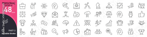 Personal growth related icons set. Including mindset, skills, goals, self-care, learning, progress, and motivation. Editable stroke. outline icons.