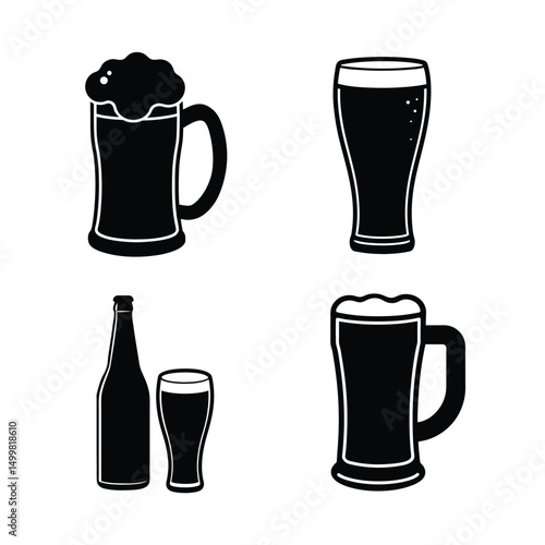 Drinking beer mug bottle and glass vector silhouettes
