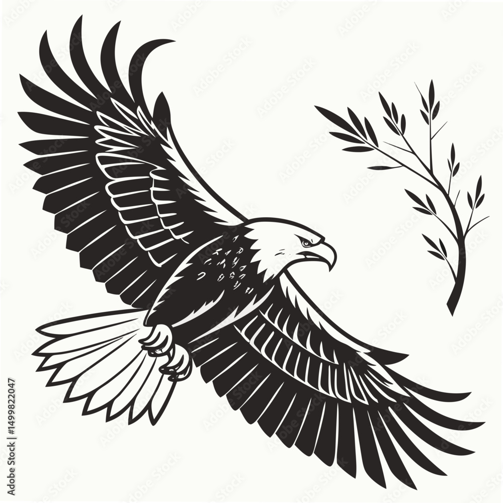 Obraz premium Majestic eagle in flight with olive branch, transparent png