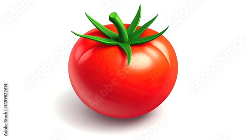 Stylized 3D Tomato with Green Stem on Pure White Background in High Key Light Artistic Style