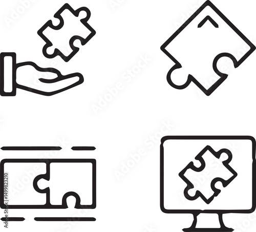 Jigsaw Puzzle Icons: This set of jigsaw puzzle icons in black line drawing conveys problem solving, strategy, teamwork and finding solution.
