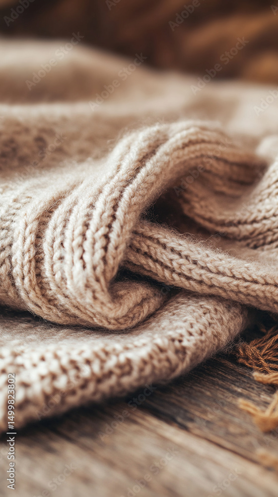 Cozy knitted sweater draped over wooden table in warm tones Cozy knitted sweater draped over wooden table in warm tones