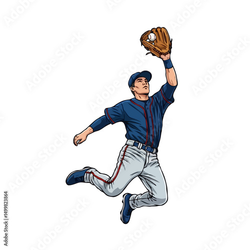 Baseball player cartoon character wearing uniform and glove catching ball jumping in air, vector illustration