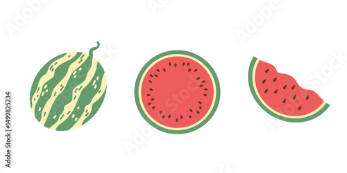 Set of simple abstract vector watermelon. Watermelon with red flesh is halved isolate on a white background.