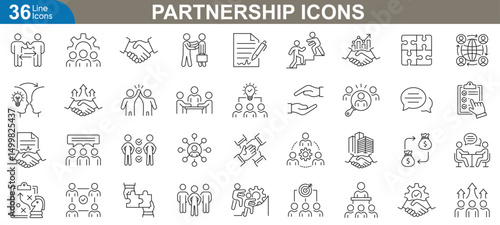 Partnership icons set. Business collaboration, teamwork, agreement, corporate deal, communication, networking and more. Symbols in modern line style for web and vector illustration.