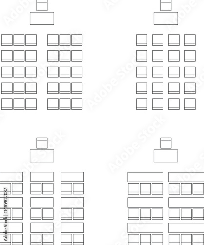Seat plan for classroom, auditorium, theater, lecture hall, meeting, conference, training, business event, chair and table, customizable stroke, vector, illustration